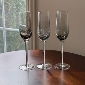 Pier 1 Crackle Glass Champagne Flutes Smoke Gray Clear Stem Set of 3 EUC Barware